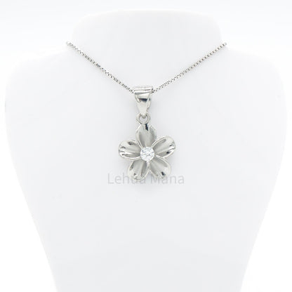 925 Sterling Silver Plumeria Flower Pendant Necklace (with Cubic Zirconia)