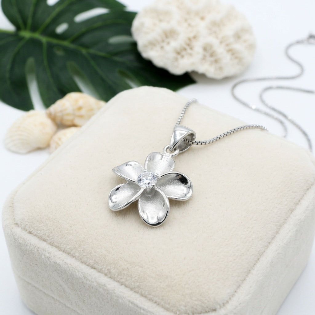 Hawaiian Plumeria Flower CZ Smooth Pendant Necklace - 925 Sterling Silver
