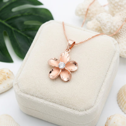 Hawaiian Plumeria Flower CZ Smooth Pendant Necklace - 14K Rose Gold Plated Sterling Silver