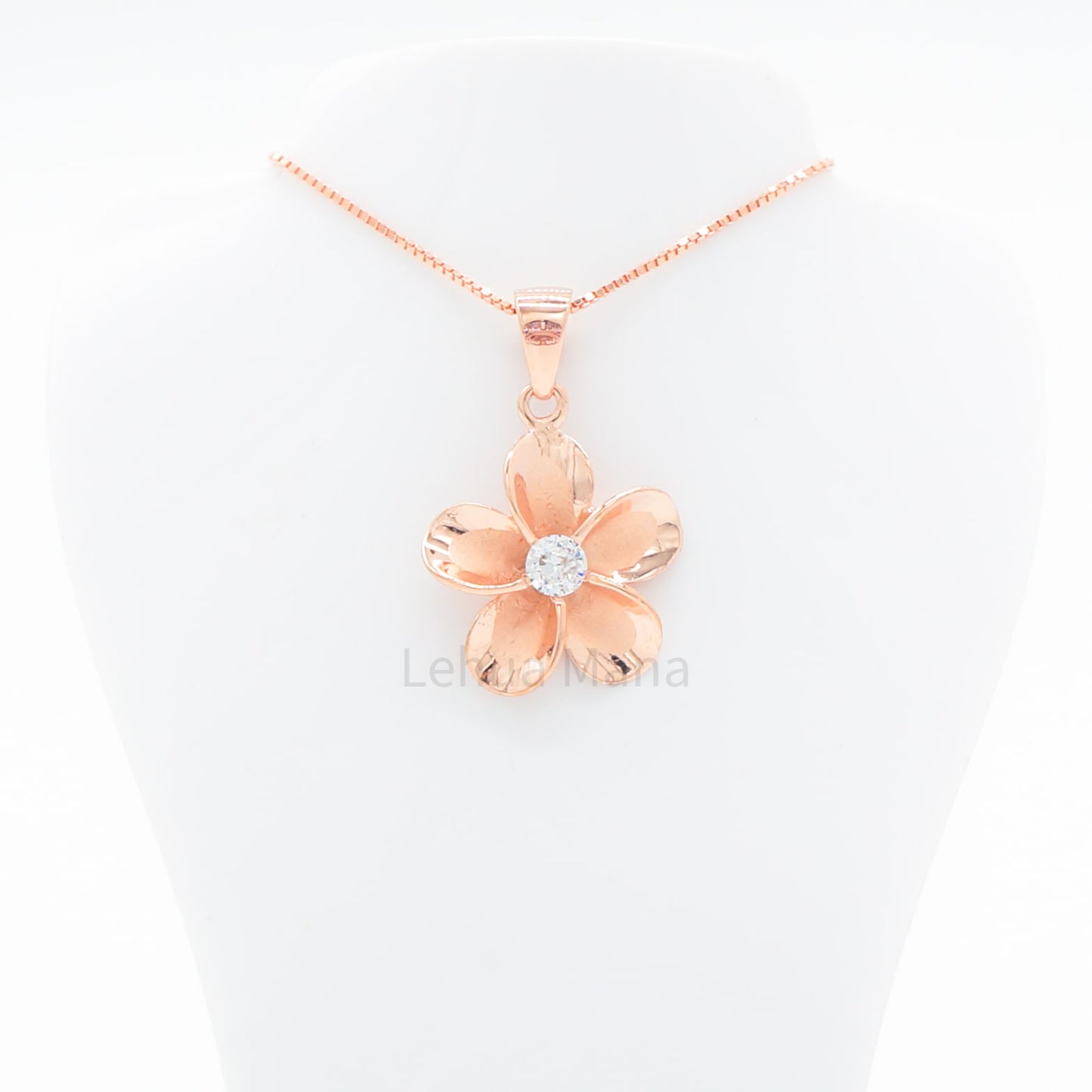 925 Sterling Silver 14K Rose Gold Plated Plumeria Flower Pendant Necklace (with Cubic Zirconia)