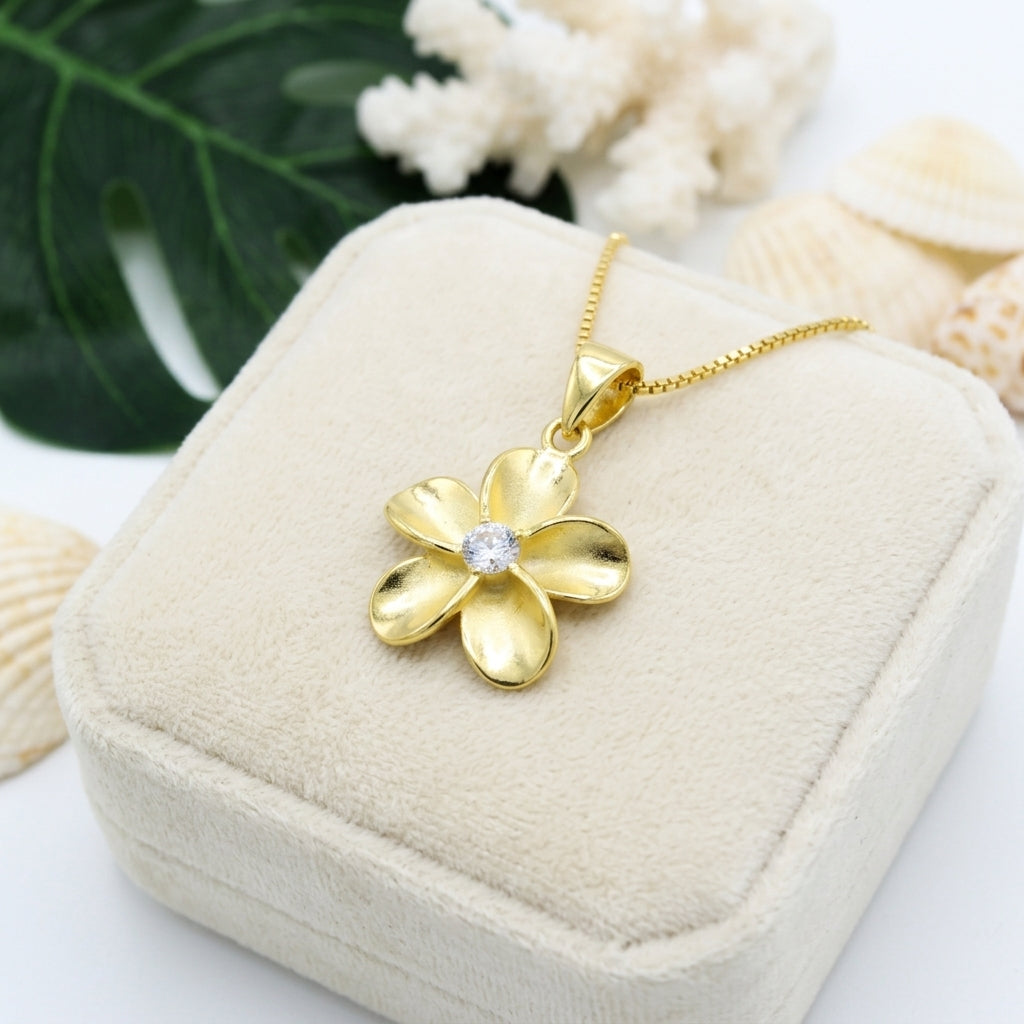 Hawaiian Plumeria Flower CZ Smooth Pendant Necklace - 14K Yellow Gold Plated Sterling Silver