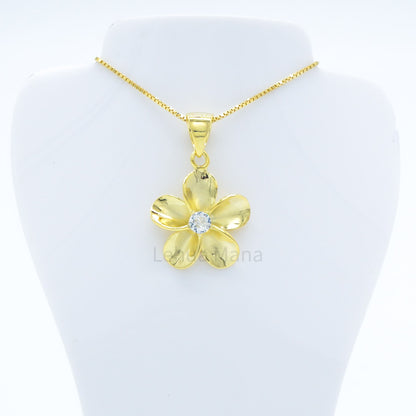 925 Sterling Silver 14K Gold Plated Plumeria Flower Pendant Necklace (with Cubic Zirconia)