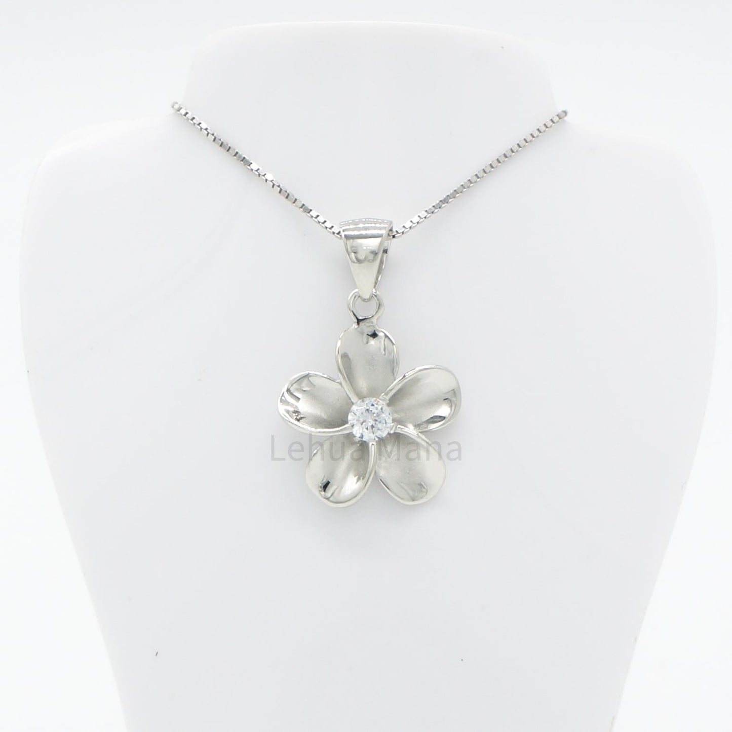 925 Sterling Silver Plumeria Flower Pendant Necklace (with Cubic Zirconia)