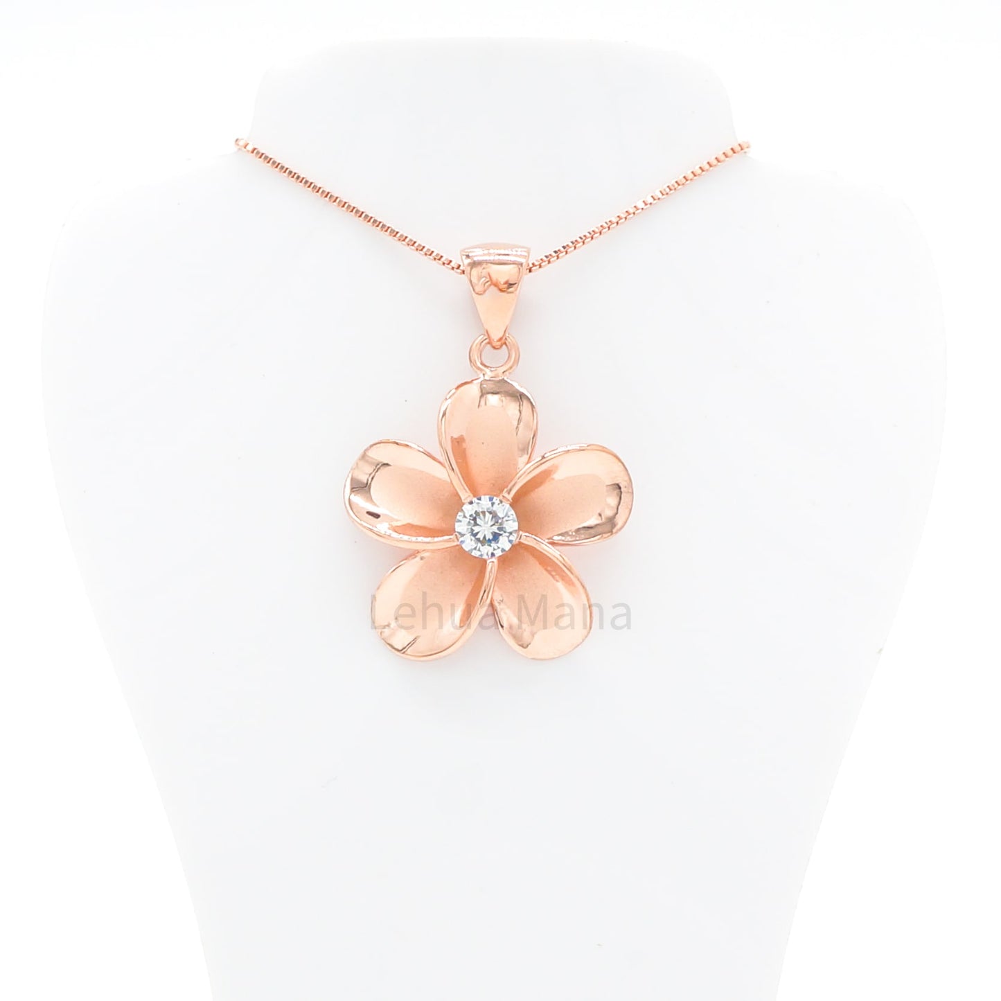 925 Sterling Silver 14K Rose Gold Plated Plumeria Flower Pendant Necklace (with Cubic Zirconia)