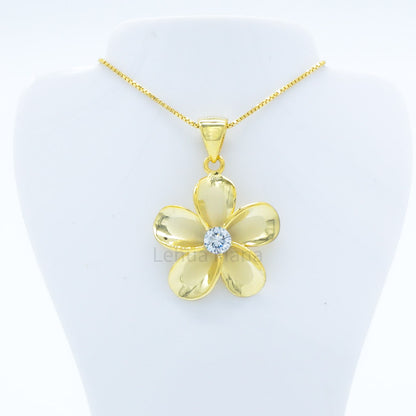 925 Sterling Silver 14K Gold Plated Plumeria Flower Pendant Necklace (with Cubic Zirconia)