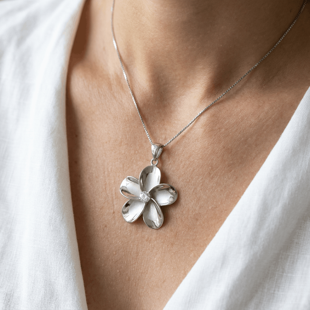 Hawaiian Plumeria Flower CZ Smooth Pendant Necklace - 925 Sterling Silver