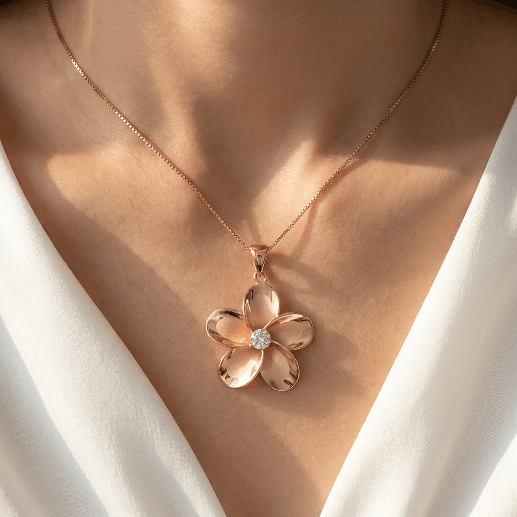 Hawaiian Plumeria Flower CZ Smooth Pendant Necklace - 14K Rose Gold Plated Sterling Silver