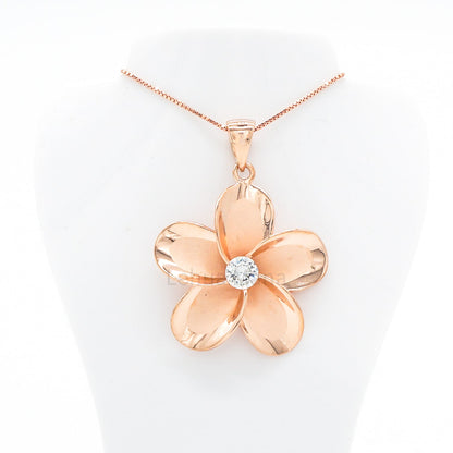 925 Sterling Silver 14K Rose Gold Plated Plumeria Flower Pendant Necklace (with Cubic Zirconia)