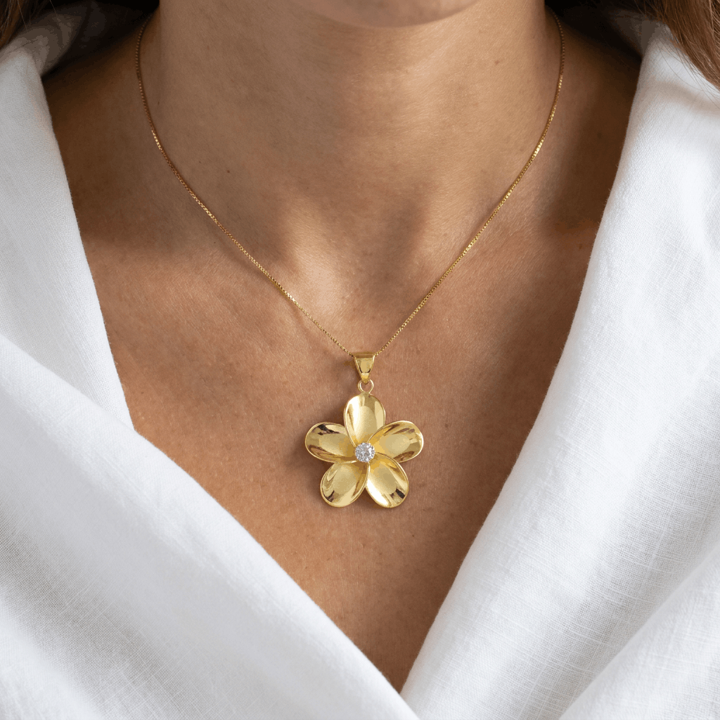 Hawaiian Plumeria Flower CZ Smooth Pendant Necklace - 14K Yellow Gold Plated Sterling Silver