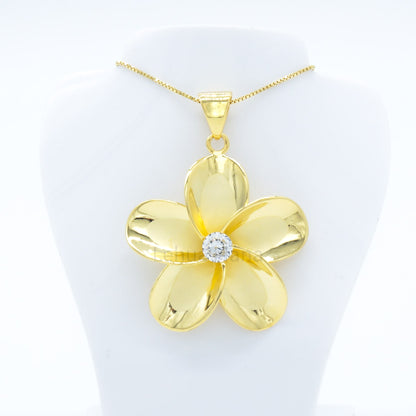 925 Sterling Silver 14K Gold Plated Plumeria Flower Pendant Necklace (with Cubic Zirconia)
