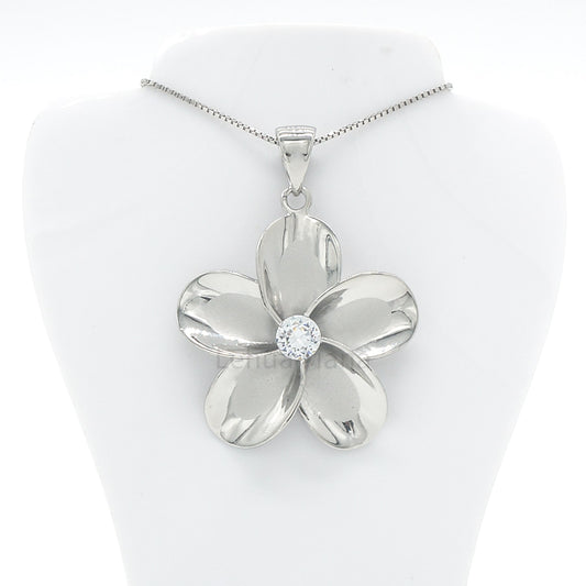 925 Sterling Silver Plumeria Flower Pendant Necklace (with Cubic Zirconia)