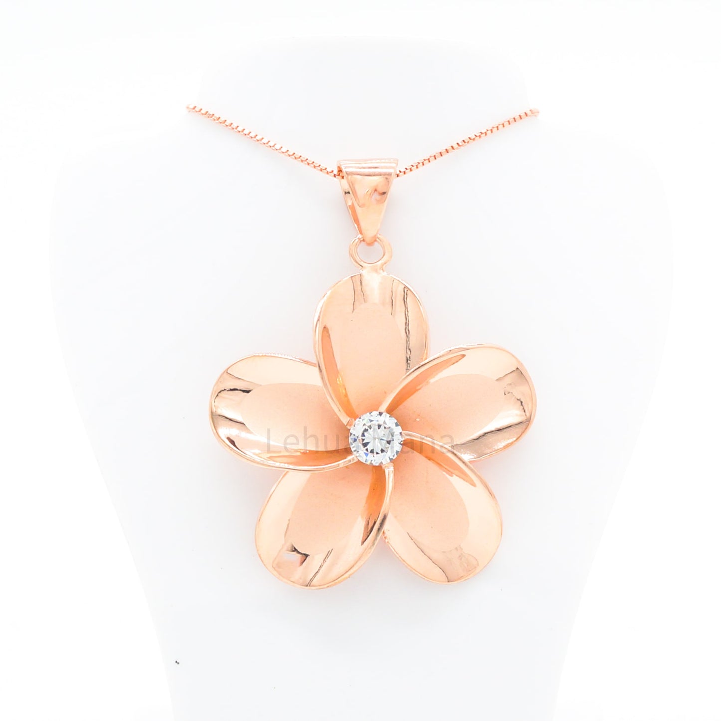 925 Sterling Silver 14K Rose Gold Plated Plumeria Flower Pendant Necklace (with Cubic Zirconia)