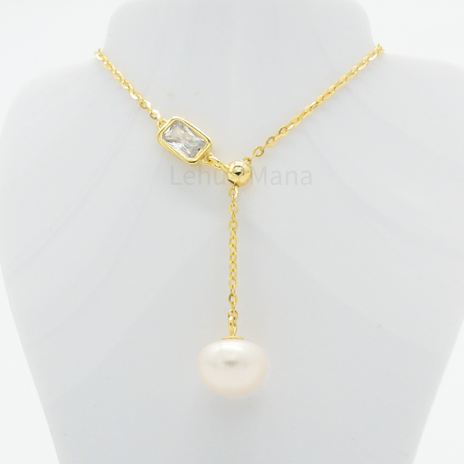 925 Silver CZ Freshwater Pearl Lariat Necklace, CZ Necklace, Cubic Zirconia Necklace, 925 Sterling Silver Jewelry, Freshwater Pearl Lariat Necklace