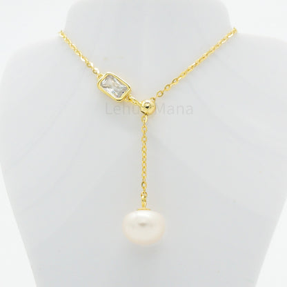 925 Silver CZ Freshwater Pearl Lariat Necklace, CZ Necklace, Cubic Zirconia Necklace, 925 Sterling Silver Jewelry, Freshwater Pearl Lariat Necklace