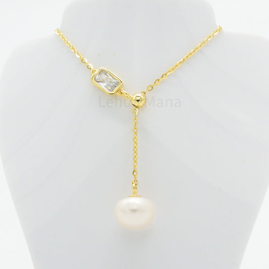 925 Silver CZ Freshwater Pearl Lariat Necklace, CZ Necklace, Cubic Zirconia Necklace, 925 Sterling Silver Jewelry, Freshwater Pearl Lariat Necklace