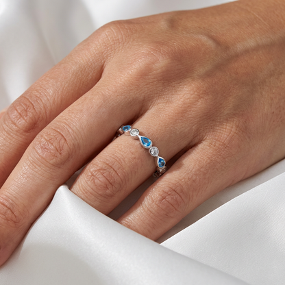Scalloped Blue Topaz & CZ Teardrop Eternity Band - 925 Sterling Silver