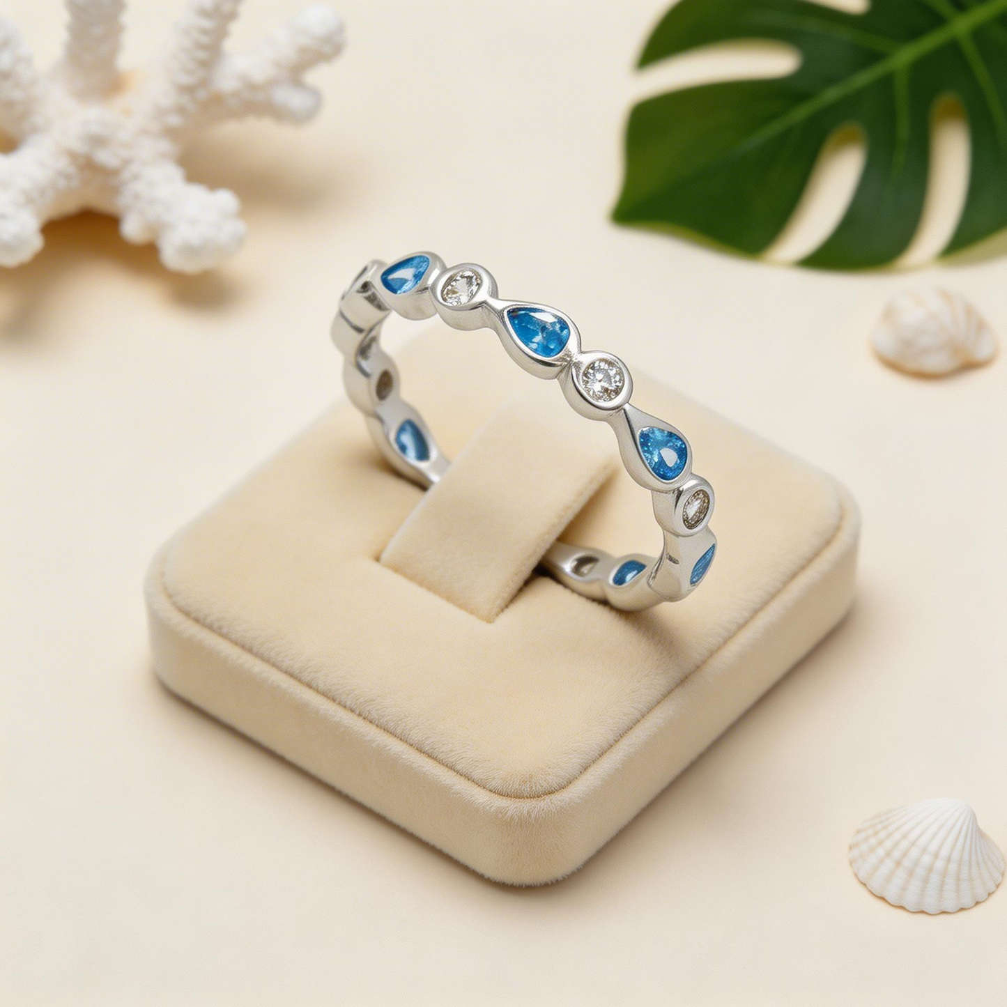 Scalloped Blue Topaz & CZ Teardrop Eternity Band - 925 Sterling Silver