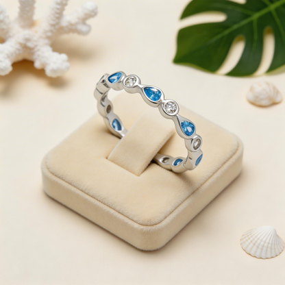 Scalloped Blue Topaz & CZ Teardrop Eternity Band - 925 Sterling Silver