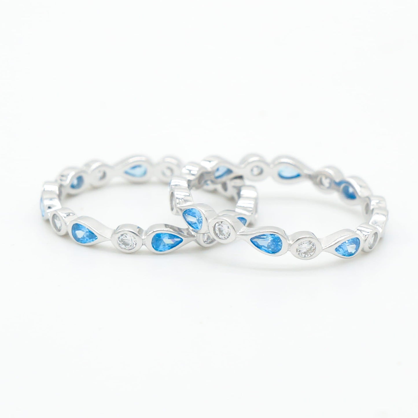 Scalloped Blue Topaz & CZ Teardrop Eternity Band - 925 Sterling Silver