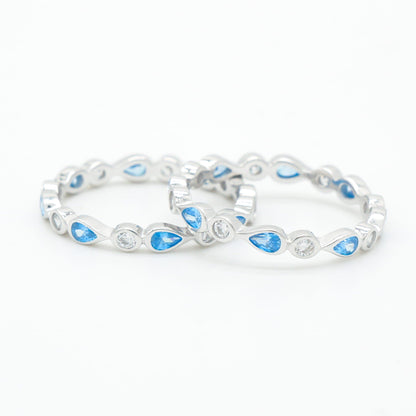 Scalloped Blue Topaz & CZ Teardrop Eternity Band - 925 Sterling Silver