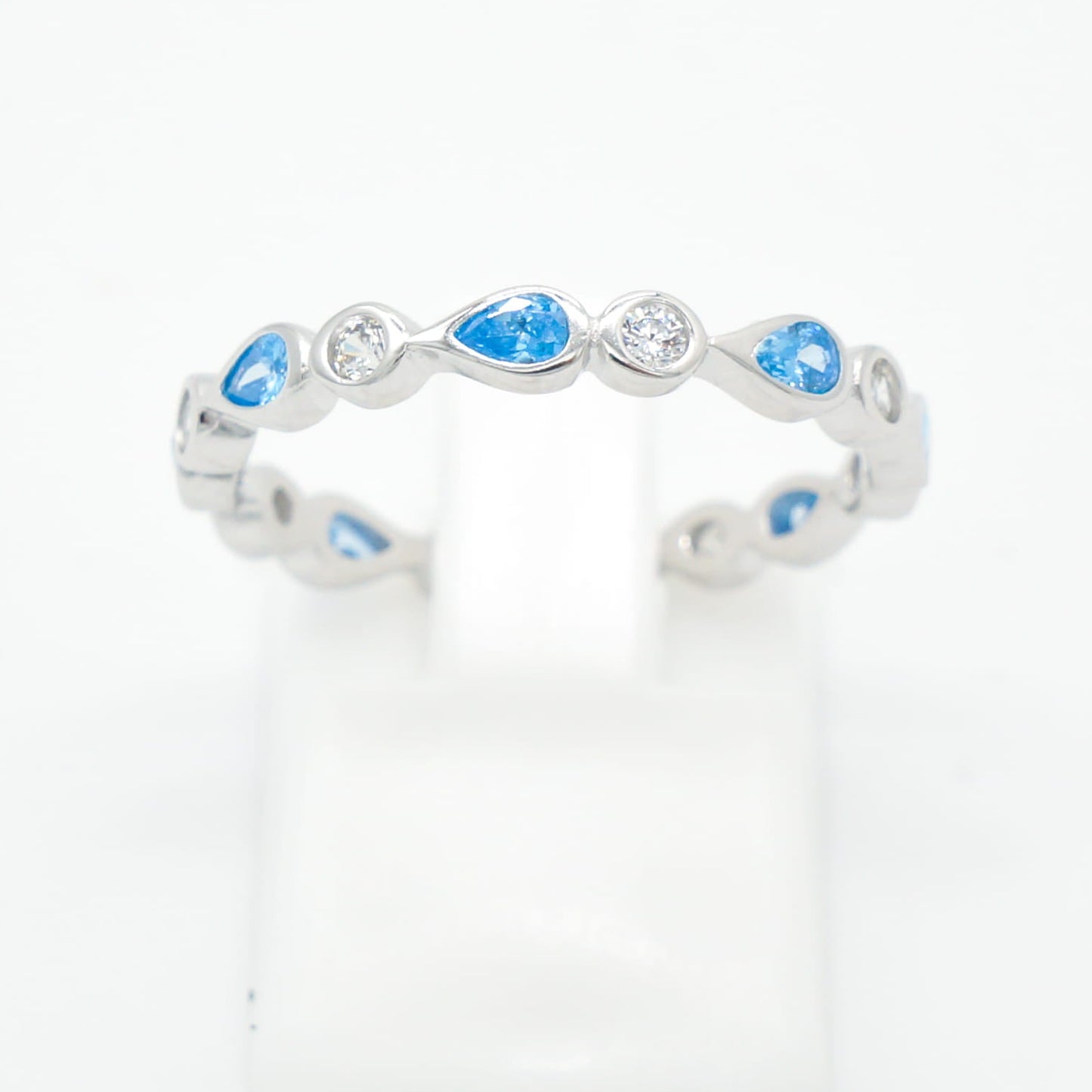Scalloped Blue Topaz & CZ Teardrop Eternity Band - 925 Sterling Silver