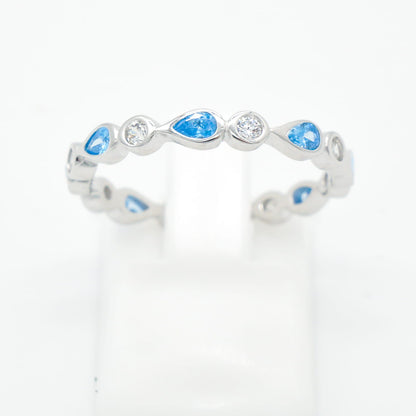 Scalloped Blue Topaz & CZ Teardrop Eternity Band - 925 Sterling Silver