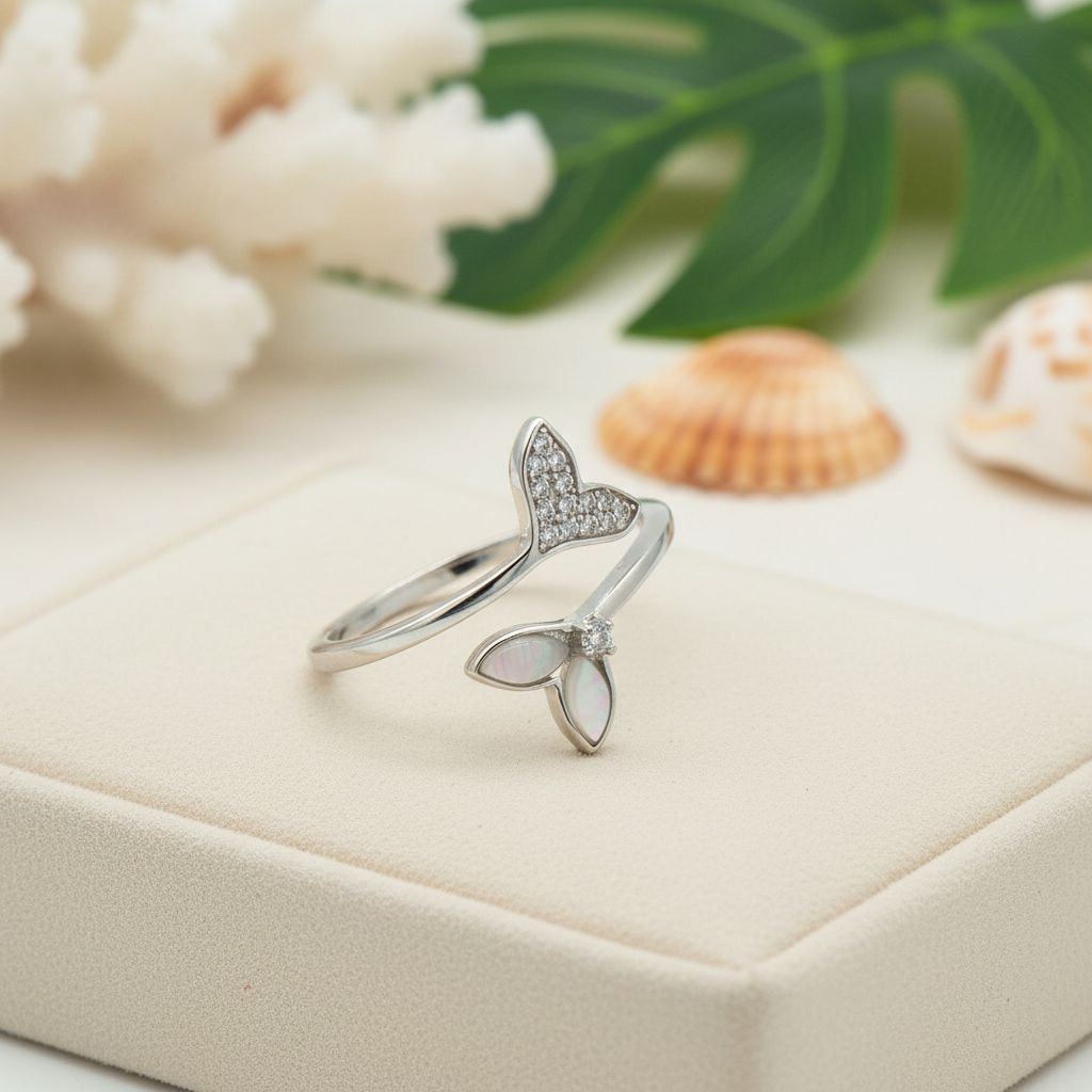 925 Sterling Silver CZ Hawaiian Whale Tail Adjustable Bypass Ring