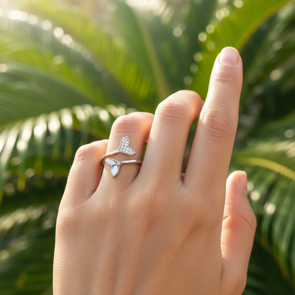 925 Sterling Silver CZ Hawaiian Whale Tail Adjustable Bypass Ring