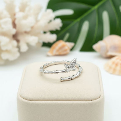 925 Sterling Silver CZ Bamboo Butterfly Adjustable Bypass Ring