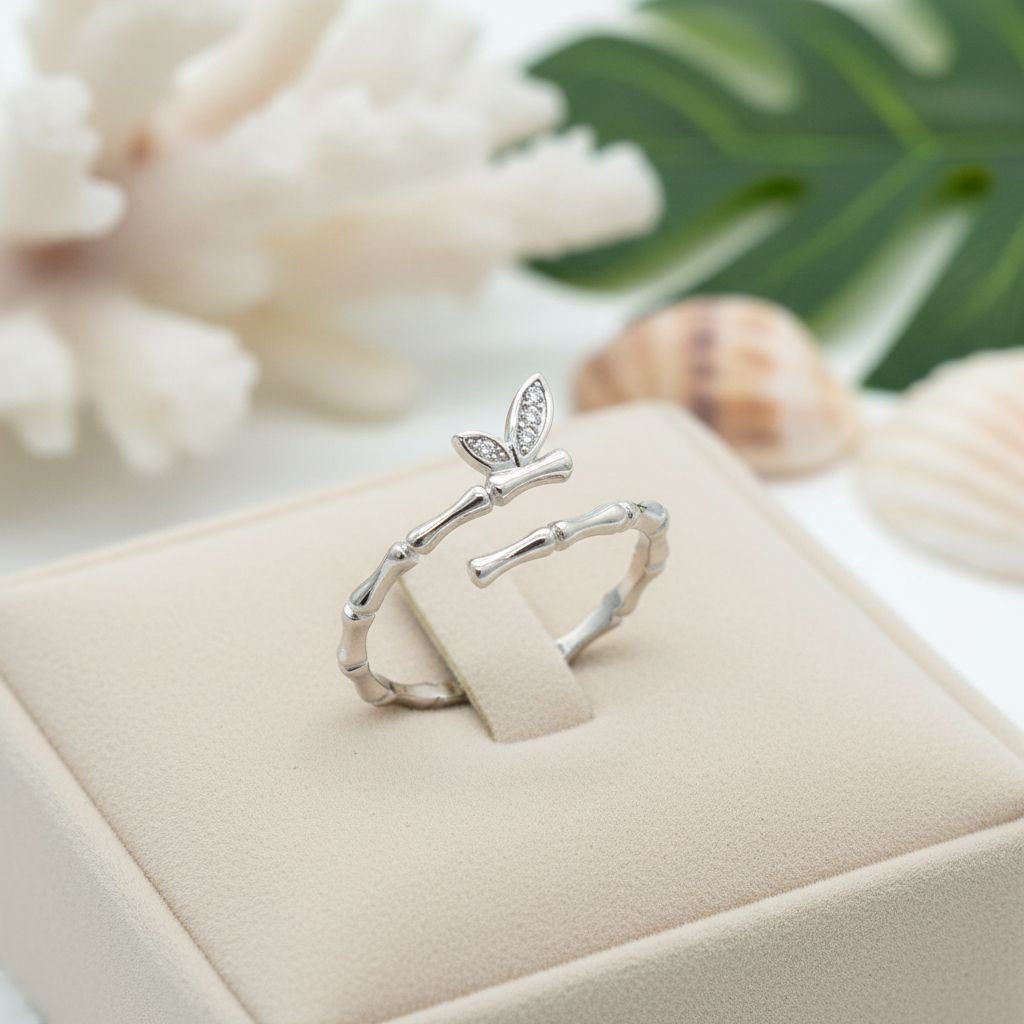 925 Sterling Silver CZ Bamboo Butterfly Adjustable Bypass Ring