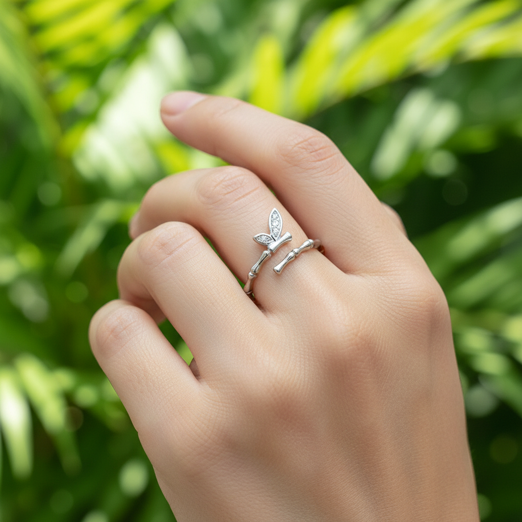 925 Sterling Silver CZ Bamboo Butterfly Adjustable Bypass Ring