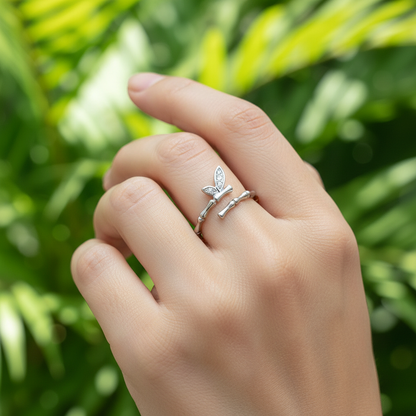 925 Sterling Silver CZ Bamboo Butterfly Adjustable Bypass Ring