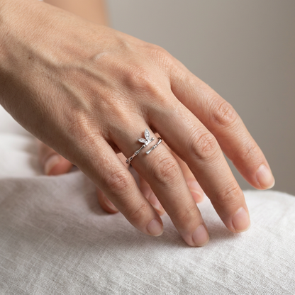 Bamboo Butterfly Adjustable Bypass Ring - 925 Sterling Silver