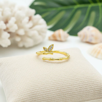 925 Sterling Silver CZ Bamboo Butterfly Adjustable Bypass Ring
