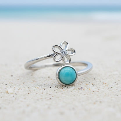 Adjustable Larimar Stone Plumeria Ring - 925 Sterling Silver