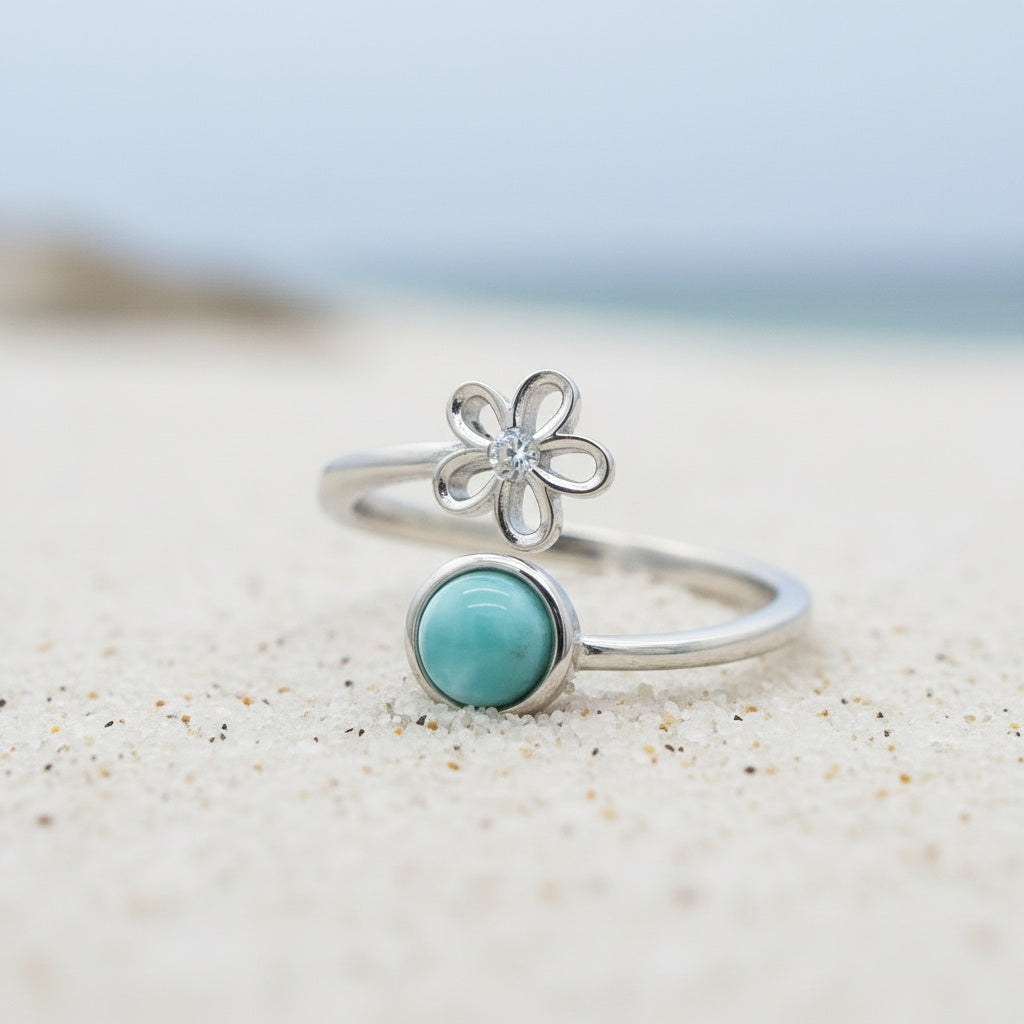 Adjustable Larimar Stone Plumeria Ring - 925 Sterling Silver
