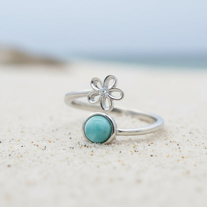 Adjustable Larimar Stone Plumeria Ring - 925 Sterling Silver