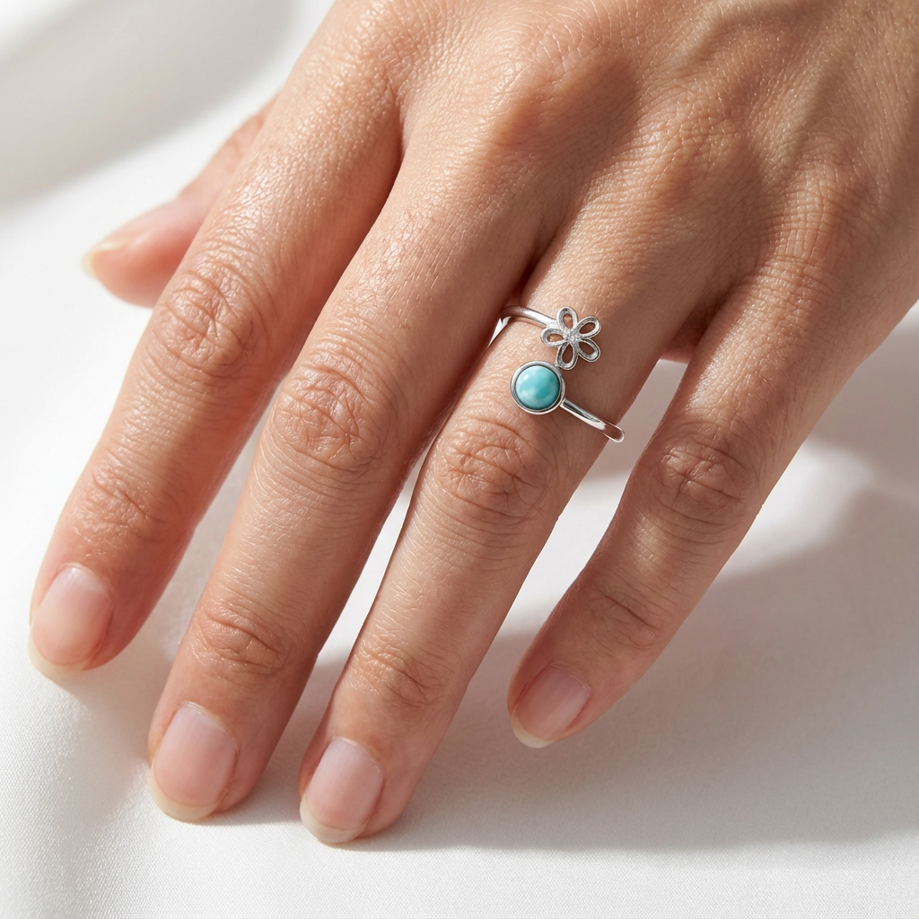 Adjustable Larimar Stone Plumeria Ring - 925 Sterling Silver