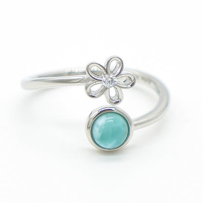 925 Silver Adjustable Larimar Flower Ring, Larimar Adjustable Ring, 925 Sterling Silver Jewelry, Flower Ring
