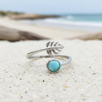 Adjustable Larimar Stone Monstera Leaf Ring - 925 Sterling Silver