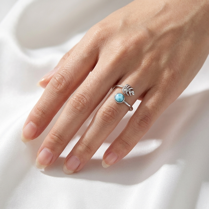 Adjustable Larimar Stone Monstera Leaf Ring - 925 Sterling Silver