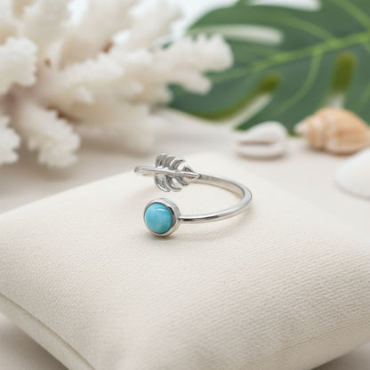 Adjustable Larimar Stone Monstera Leaf Ring - 925 Sterling Silver