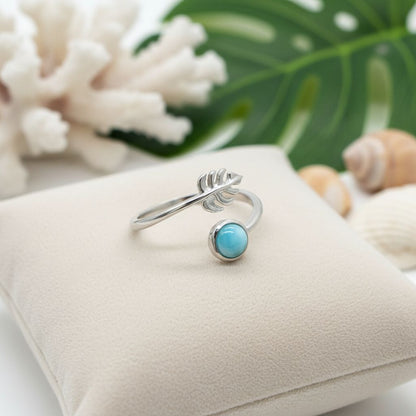 Adjustable Larimar Stone Monstera Leaf Ring - 925 Sterling Silver