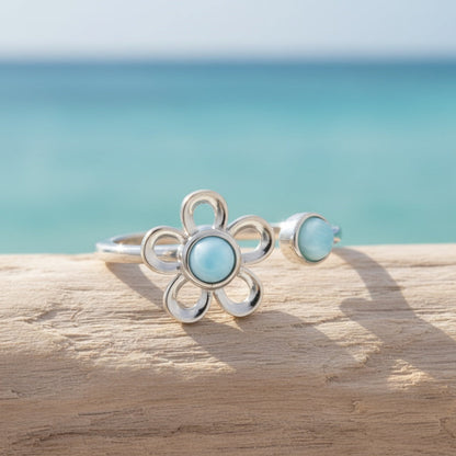 Hawaiian-Plumeria-Fidget-Ring-Natural-Blue-Larimar-925-Silver-Bypass-Style
