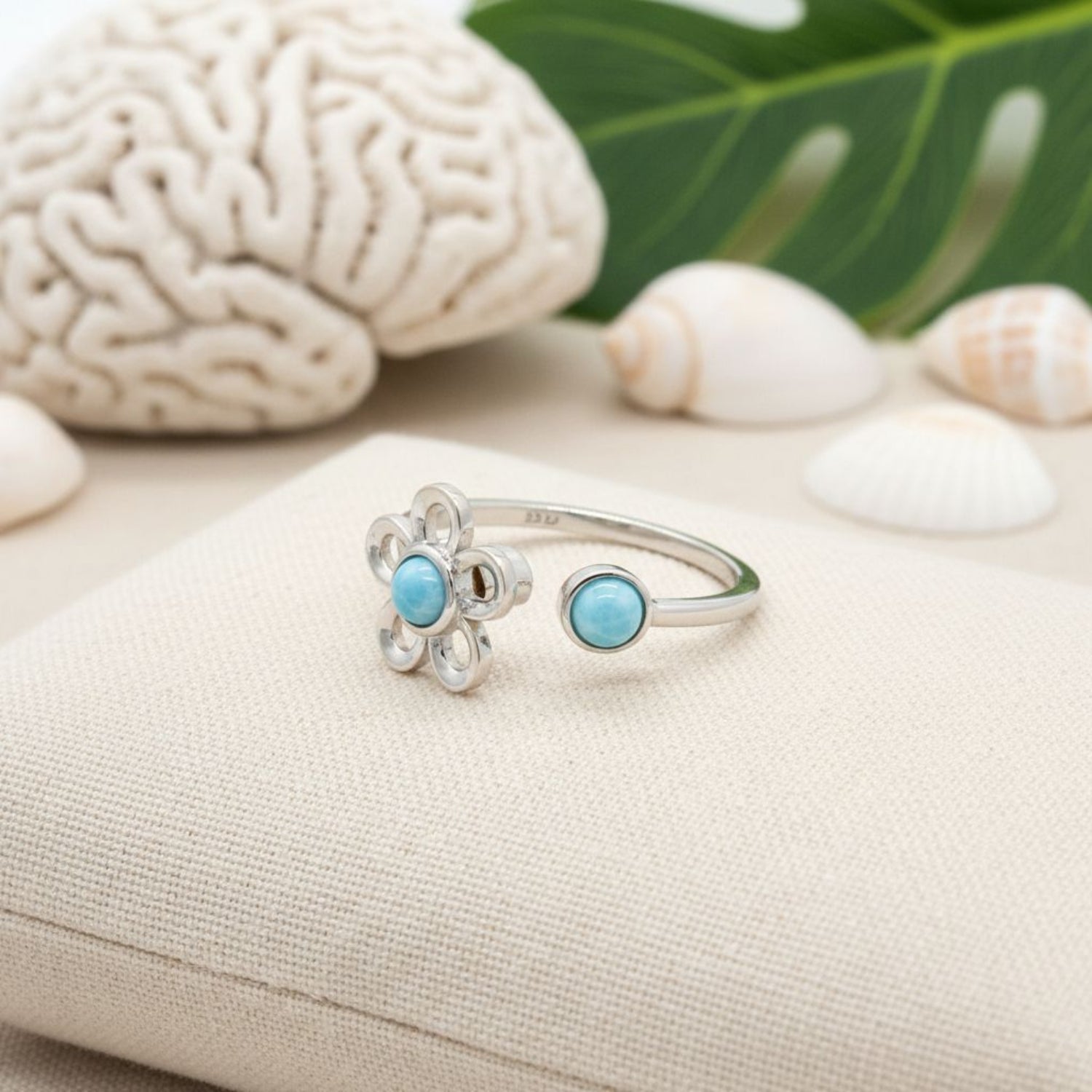 Adjustable-Larimar-Anxiety-Ring-Plumeria-Flower-Spinner-Nautical-Jewelry-Gift
