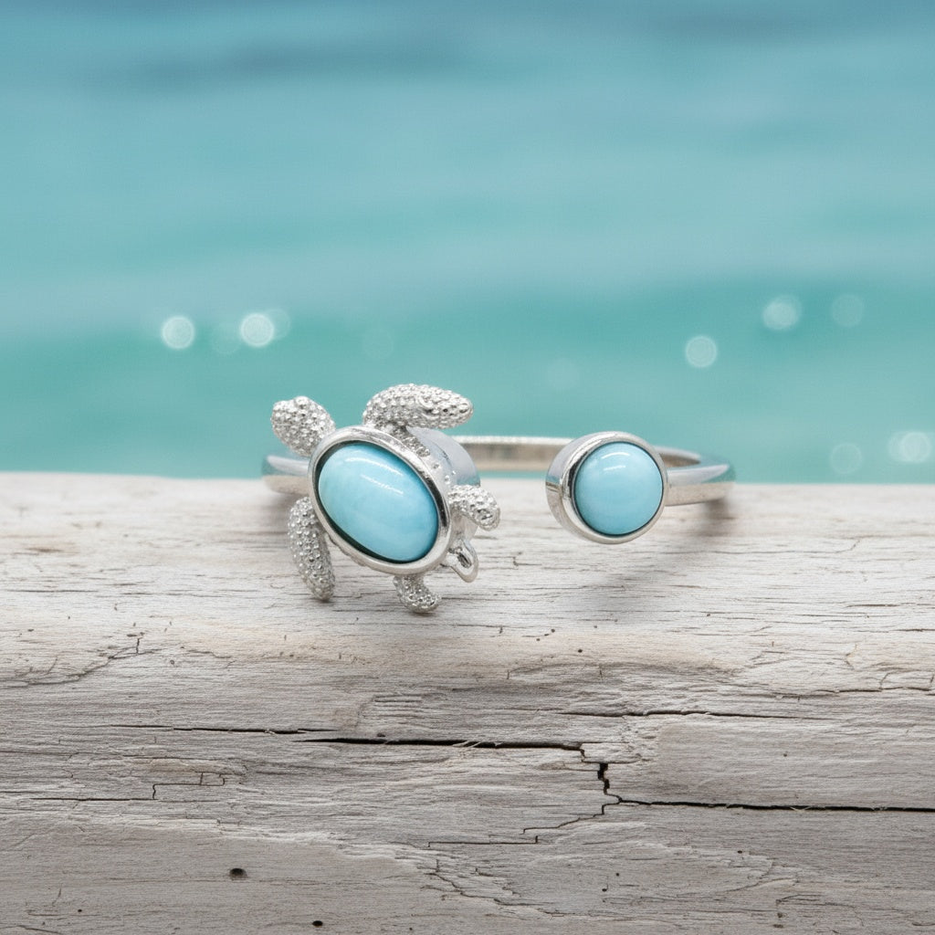 Adjustable Larimar Stone Spinner Turtle Ring - 925 Sterling Silver