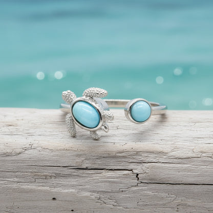 Adjustable Larimar Stone Spinner Turtle Ring - 925 Sterling Silver