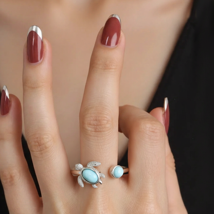 Adjustable Larimar Stone Spinner Turtle Ring - 925 Sterling Silver