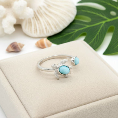 Adjustable Larimar Stone Spinner Turtle Ring - 925 Sterling Silver