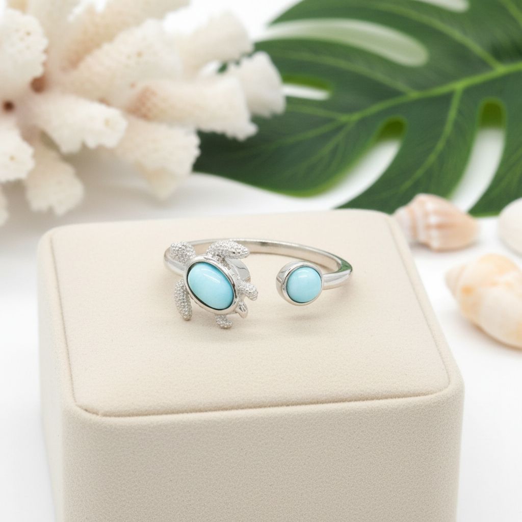Adjustable Larimar Stone Spinner Turtle Ring - 925 Sterling Silver